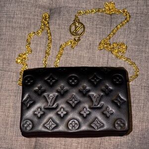Designer Black Embossed Leather Chain Clutch
